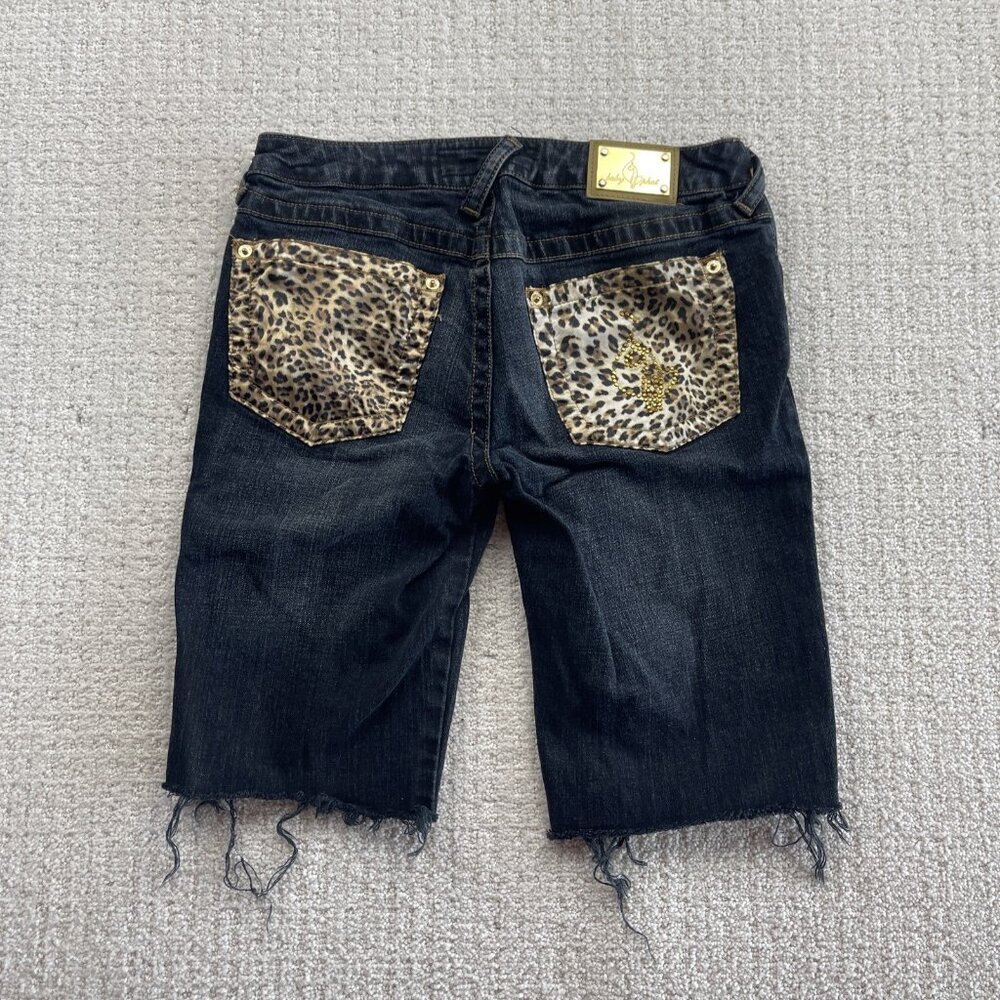 Y2K Baby Phat Denim Shorts Leopard AOP Rhinestone Hip Hop Sz 5 Distressed Hem